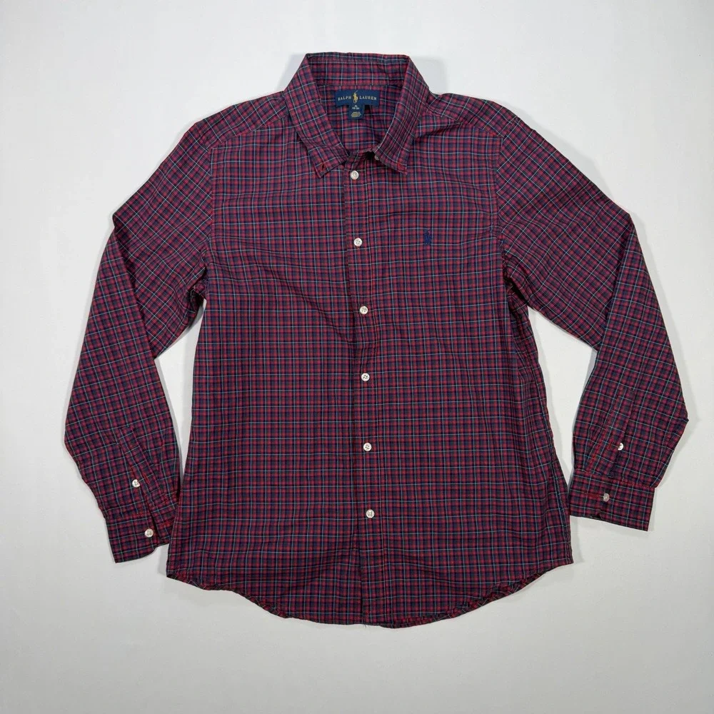 Ralph Lauren Button Down Shirt Boys XL 18-20 Red Blue Plaid Pony Cotton Casual